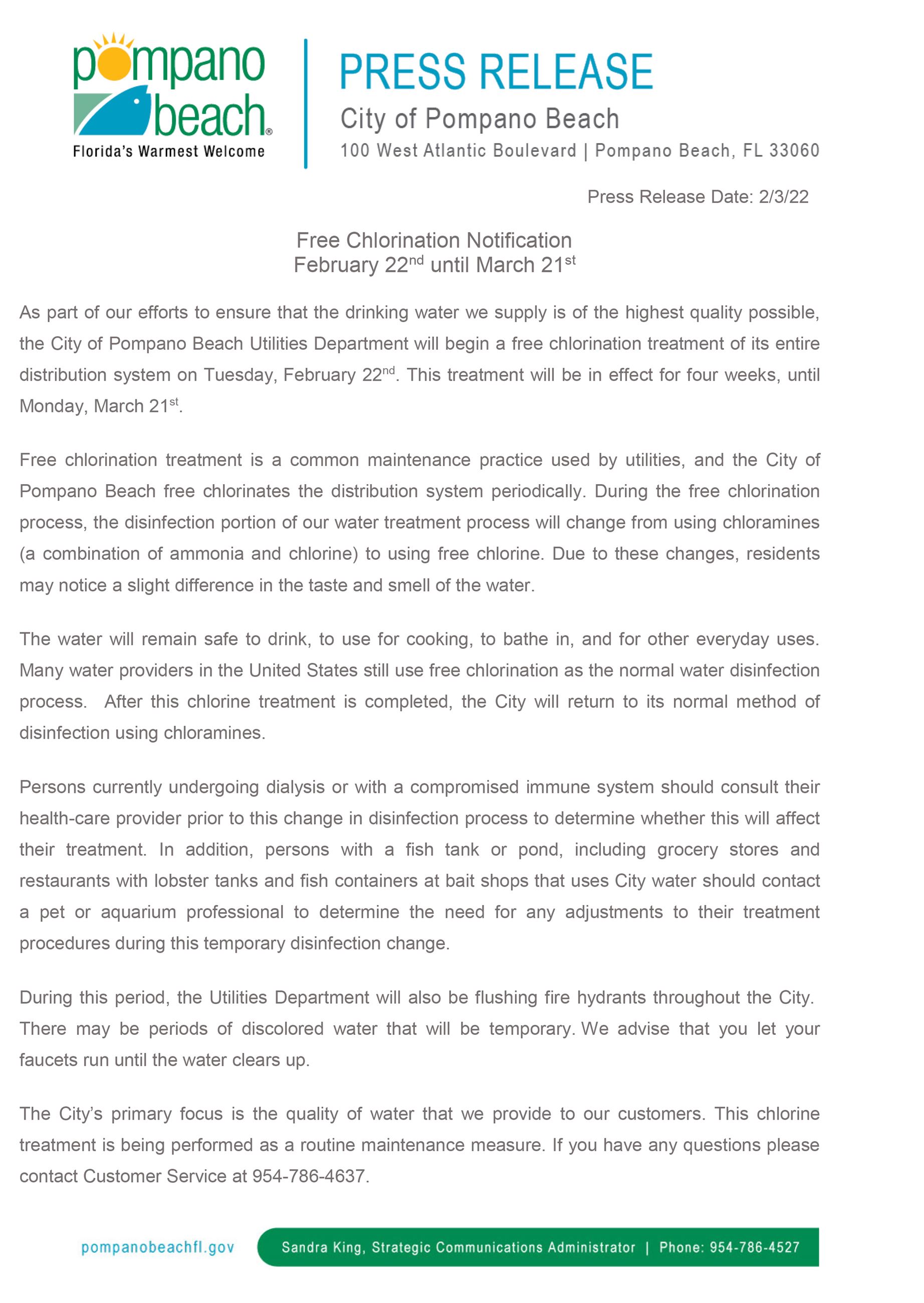 Pompano Beach Free Chlorination Notification