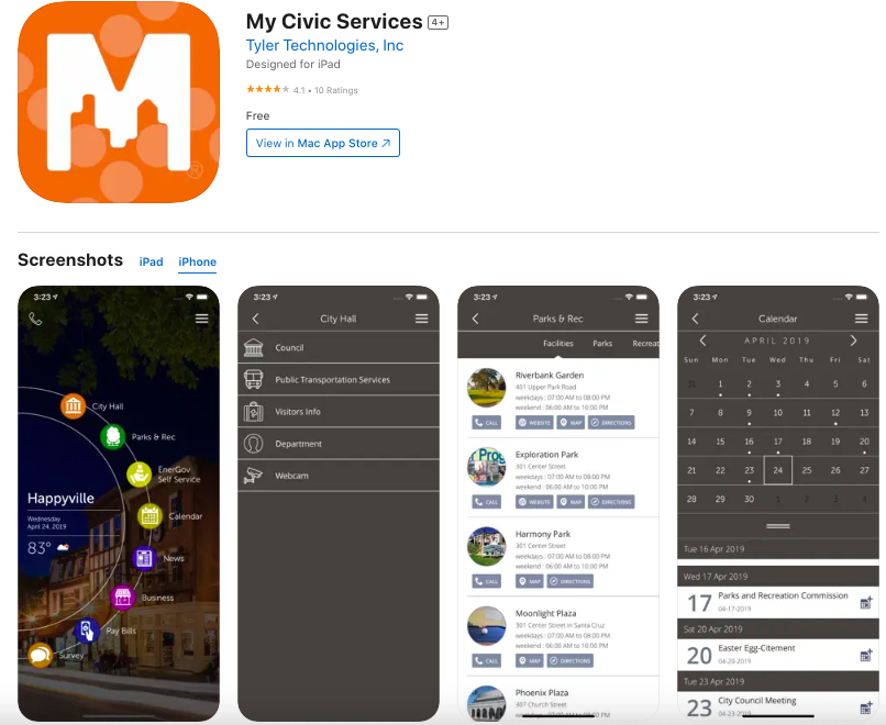 App Store listing for 'My Civic Services' by Tyler Technologies, showing app icon and screensh